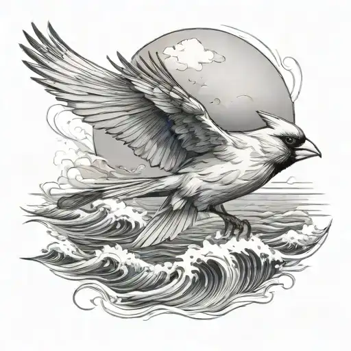 Flying Cardinal And Ocean Scene