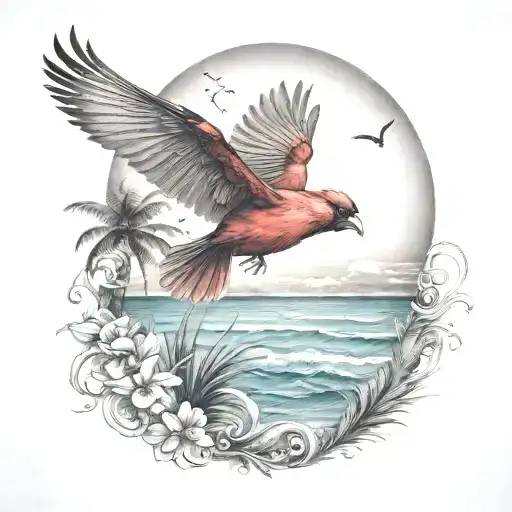 Flying Cardinal And Ocean Scene With Palm Tree