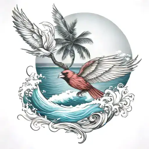 Flying Cardinal And Ocean Wave With Palm Tree
