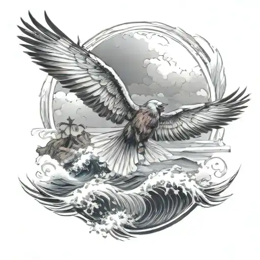 Flying Cardinal And Ocean Wave With Palm Tree