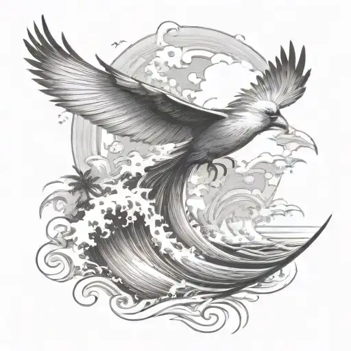 Ocean Wave And Flying Cardinal And Palm Tree