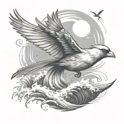 Ocean Wave And Flying Cardinal And Palm Tree