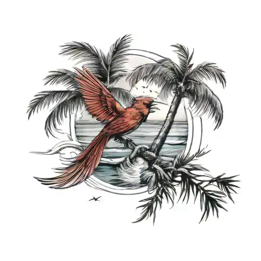 Flying Cardinal And Palm Tree And Ocean Wave