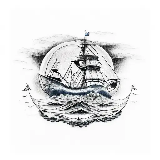 Bateau Pirate Qui Va En Direction De La Lune Et Qui Perd Son Encre Au Fond De L'ocean