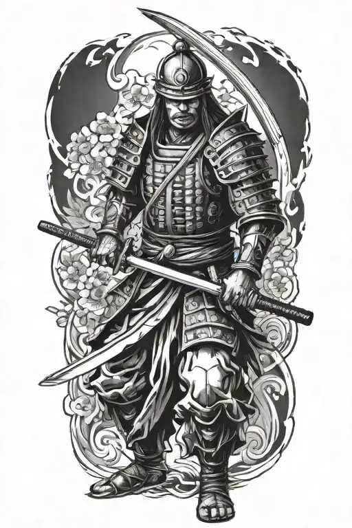 Japanese Warrior With Katana Black And White Tattoo Sketch Simple