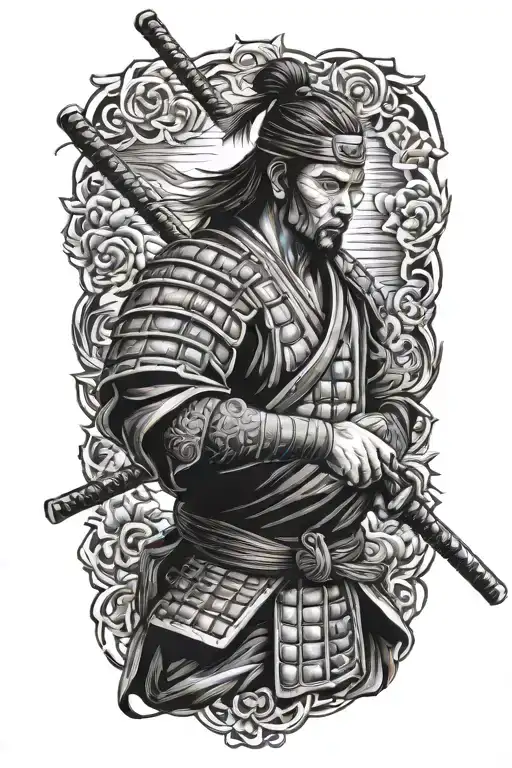 Samurai With Katana Black And White Tattoo Sketch Simple