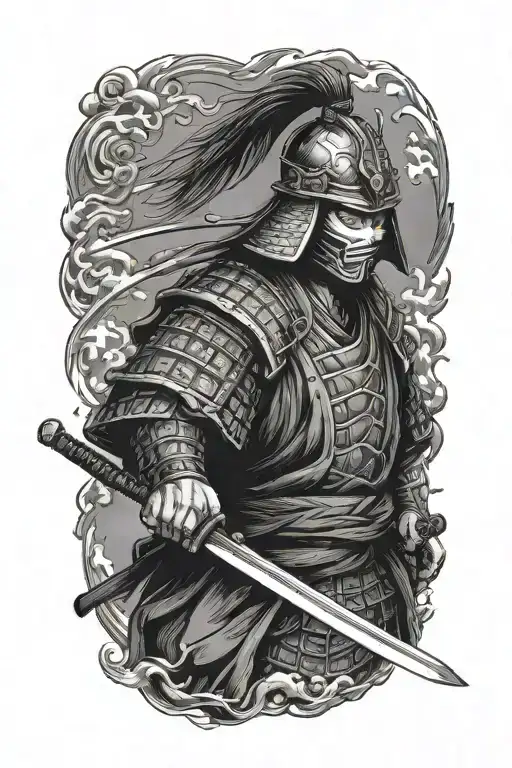 Samurai With Katana In Mask Black And White Tattoo Sketch Simple