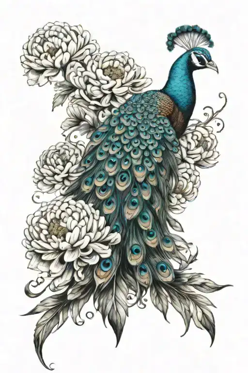 Peacock And Chrysanthemum Flowers