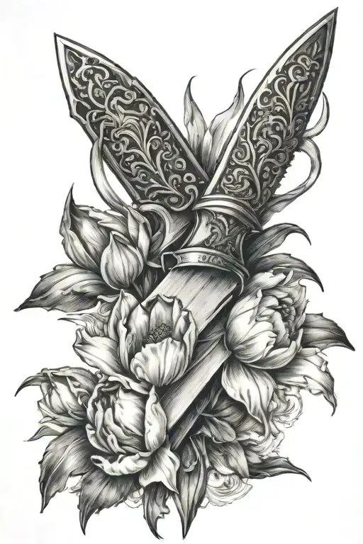 Knife With Tulips Black White Tattoo Sketch