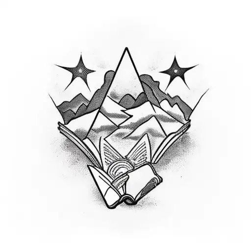 Open Book With 3 Mountains And 3 Stars Coming Out Of It And A Dragon Flying Out Above It All