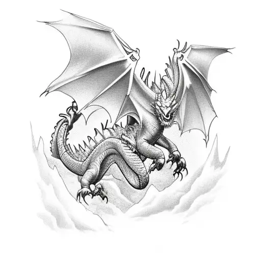 Western Style Dragon Flying Vertically Above 3 Stars And 3 Mountains