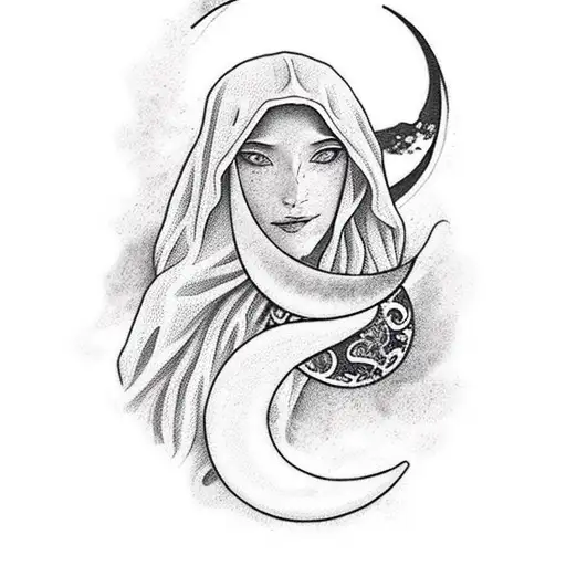 Elegant Female Hermit Tarot With Crescent Moon And Cypress In Background