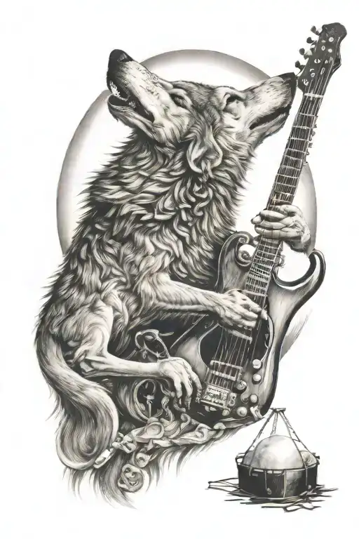 A Realistic Depiction Of A Wolf Howling At The Moon With Musical Instruments In The Background