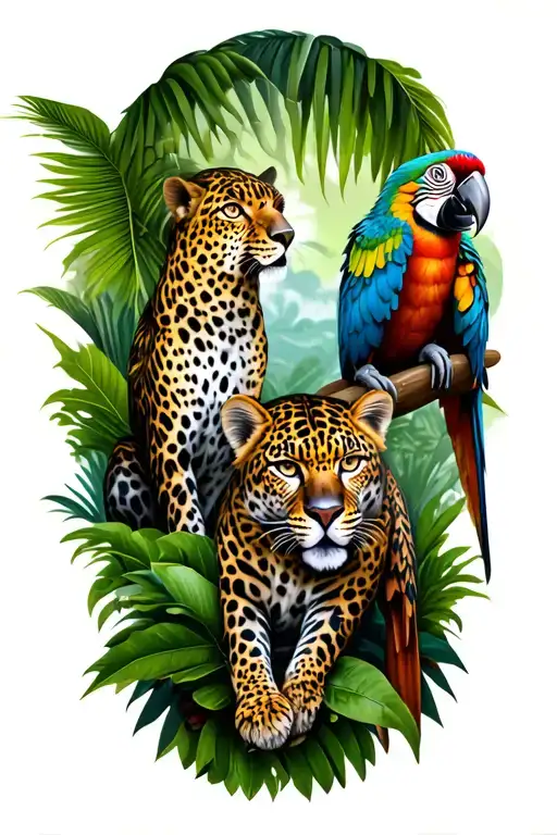 Leopard And Parrot And Jungle Setting