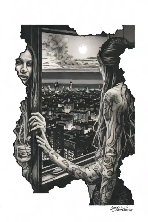 Long Haired Woman Looking Out A Window At Night While The City Is On Fire