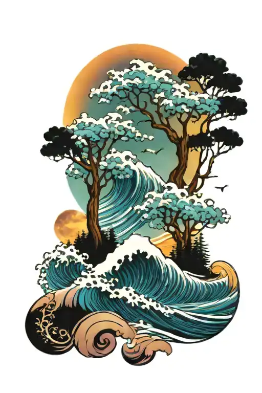 Wave And Trees Colors Sunset