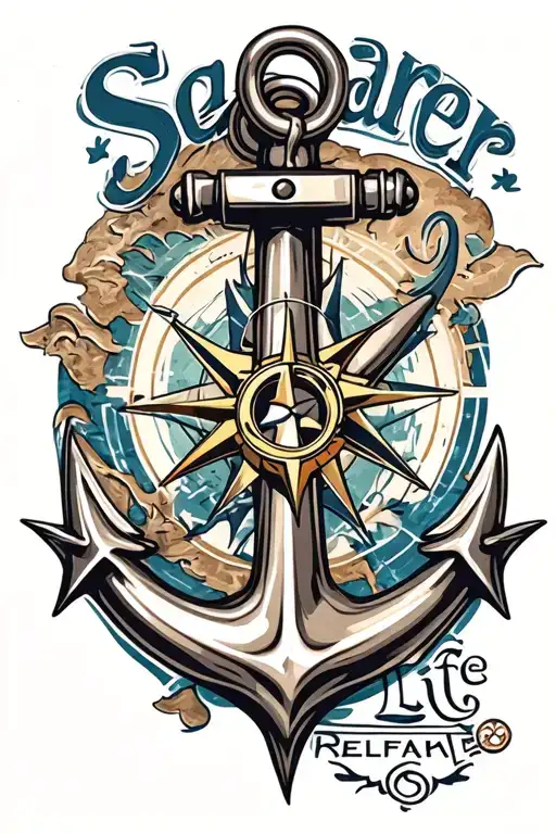 Large Ship's Anchor With A Compass In The Foreground Surrounded By The Lettering Seafarer Life