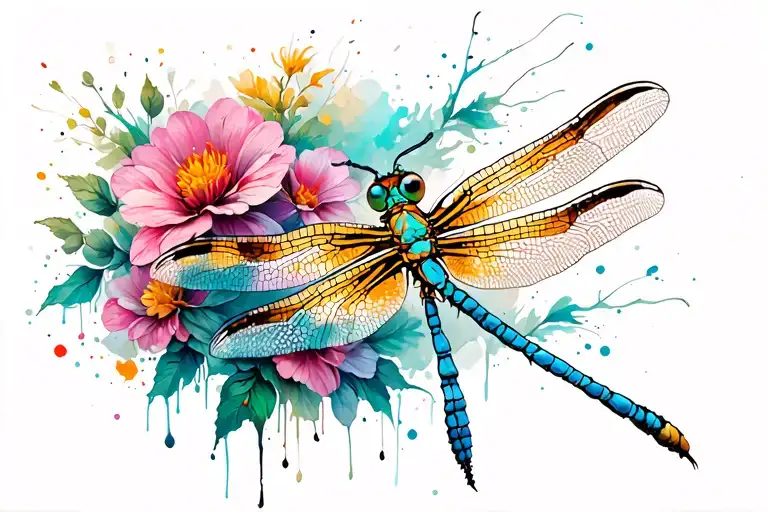 Dragonfly With Flowers And Body Paint Splatters