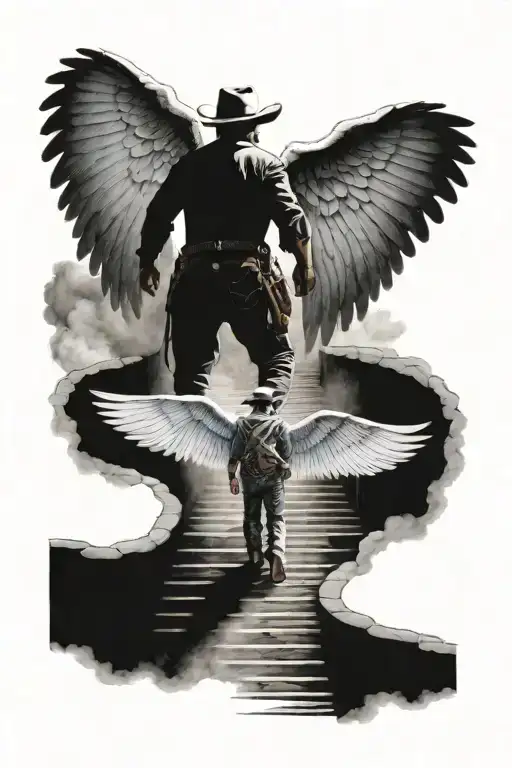 A Cowboy With Angel Wings Walking Up On Stairs To Heaven With His Back Turned