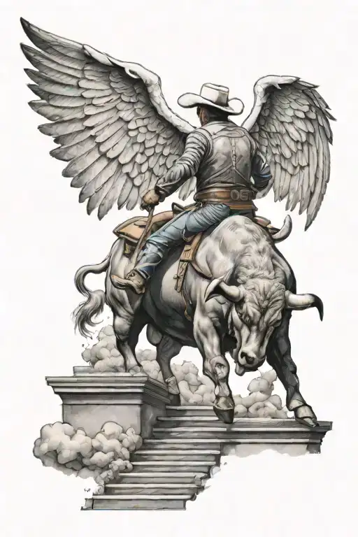 A Bull Rider With Angel Wings Walking Up On Stairs To Heaven With His Back Turned