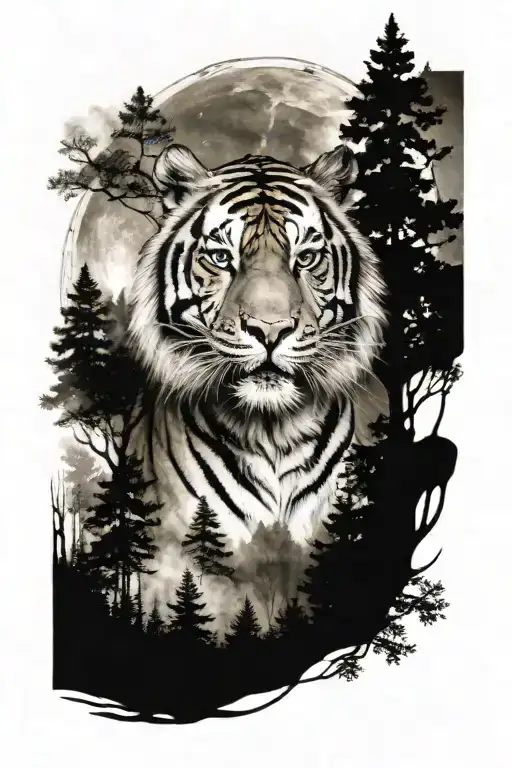 Tiger And Forest With Moon