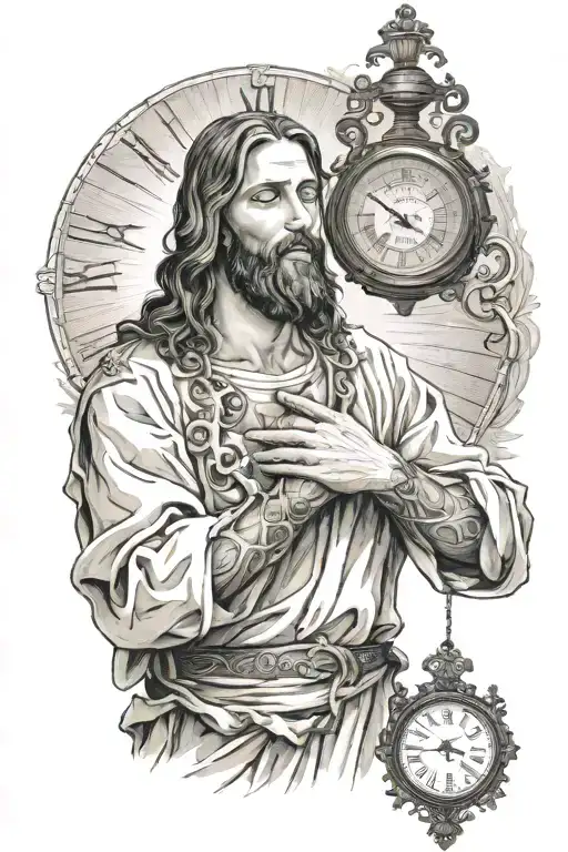 Jesus Praying With A Cross In His Hand With A Clock Below