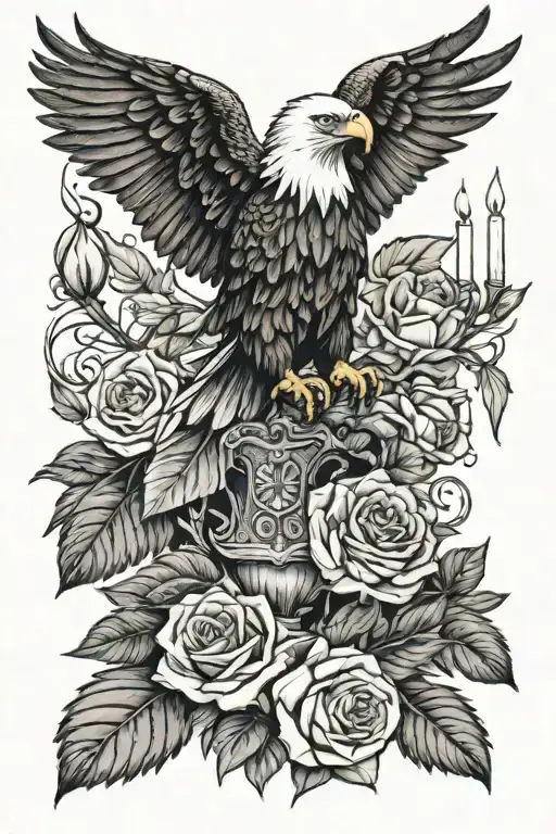 A Eagle Sitting On A Rose Branch With The Air Force Logo With A Candle Burning From Below