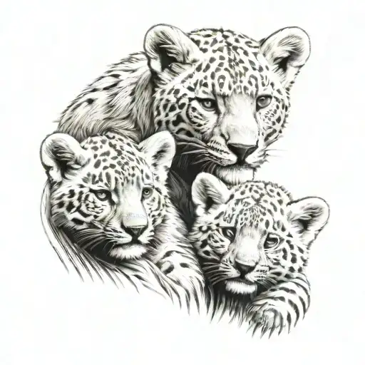 Father Cub With Two Baby Cubs Cuddling Together