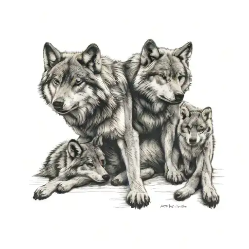 Father Wolf With Two Baby Cubs Cuddling