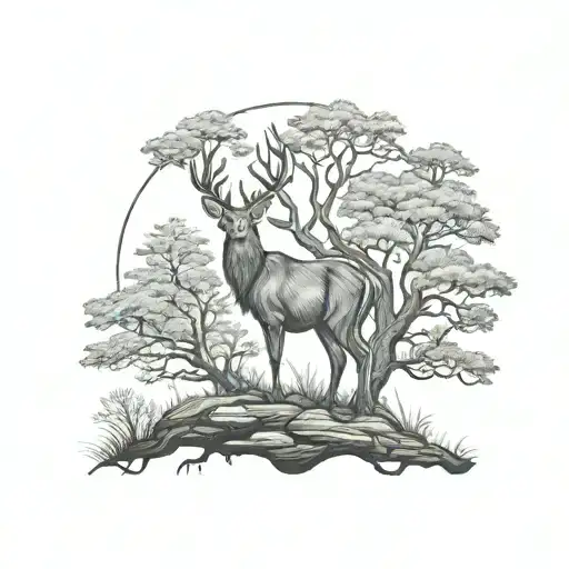 Tree And Deer Standing