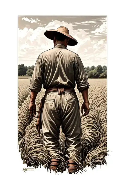 Story Of The Chinese Farmer Working In Field Facing Away