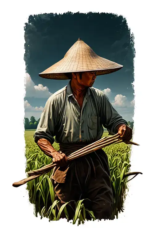 Story Of The Chinese Farmer Working In Field Facing Away