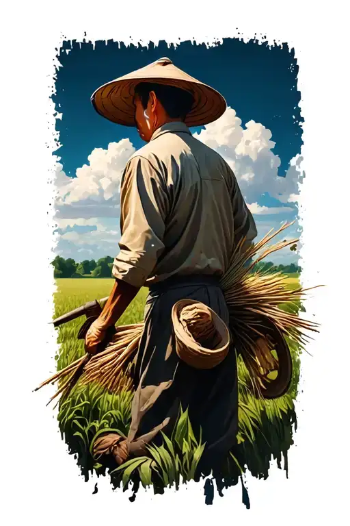 Story Of The Chinese Farmer Working In Field Facing Away