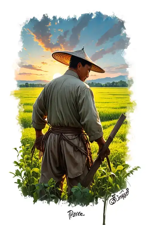 Story Of The Chinese Farmer Standing In Field Facing Away Looking At Sunset