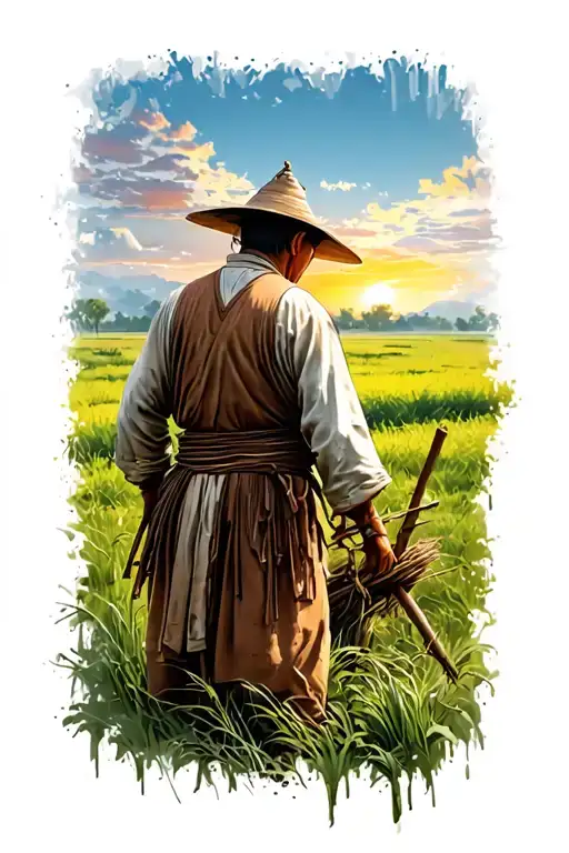 Traditional Old Chinese Farmer Standing In Field Facing Away Looking At Sunset