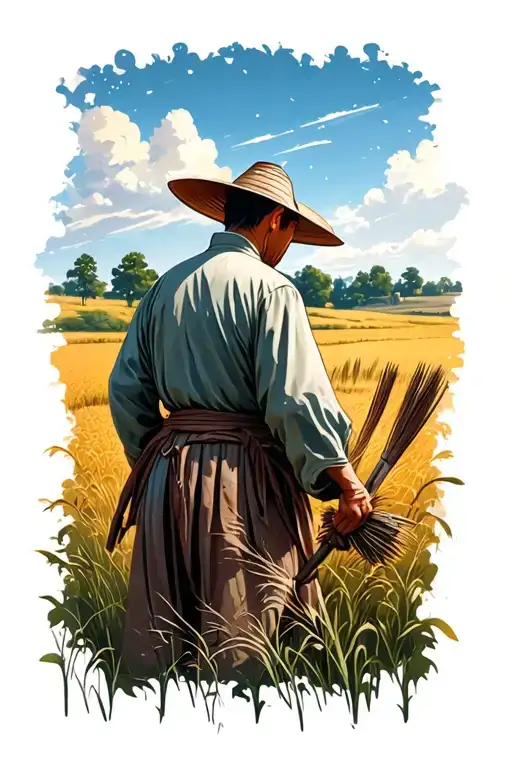 Traditional Old Chinese Farmer Standing In Field Facing Away Looking At Sunset