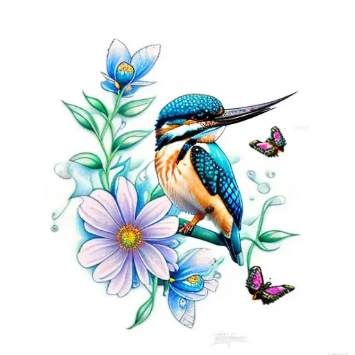 Kingfisher With Flowers And Butterflys And A Waterfall