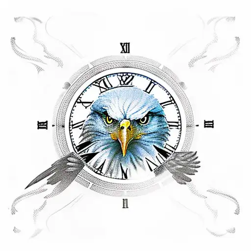 Eagle With A Clock Behind And Mountains Above