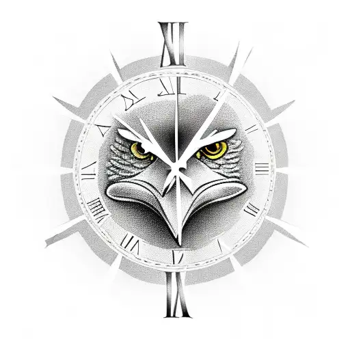 Eagle With A Clock Behind And Mountains Above