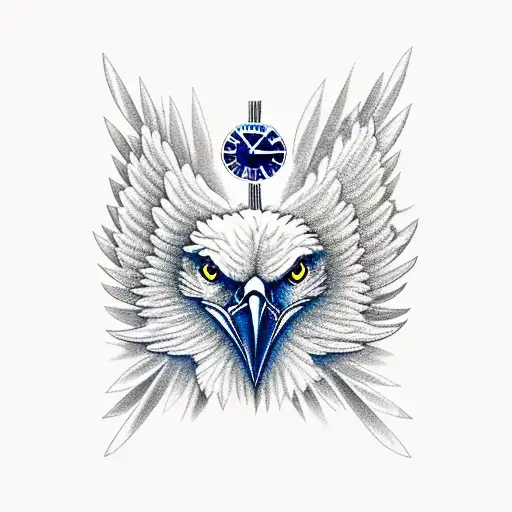 Eagle With A Clock Behind And Mountains Above