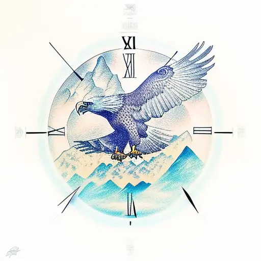 Eagle With A Clock Behind And Mountains Above