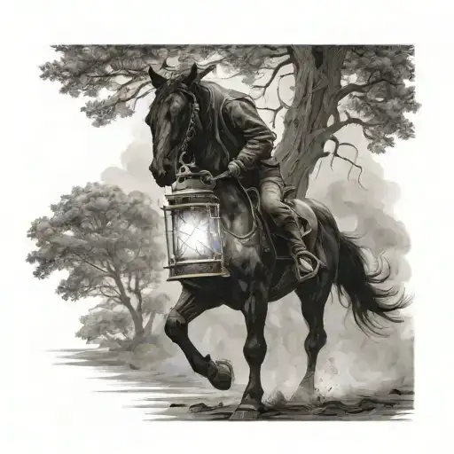 A Black Horseman With A Lantern In His Hand Moves Towards A Large Tree