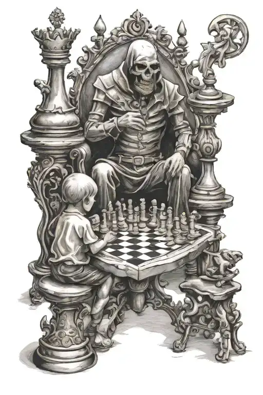Death Play Chess With Little Boy Sitting