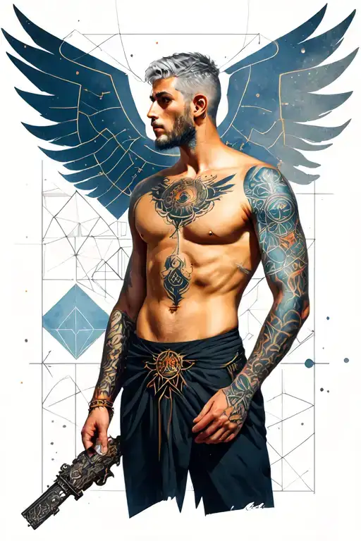 Prometeus Tattoo Full Body With Geometric Simbols In The Background