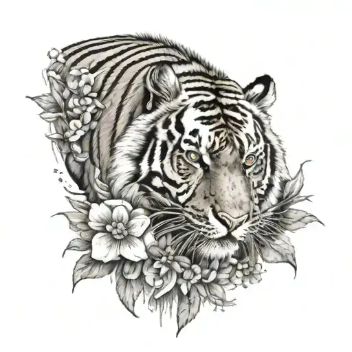 A Tiger Climbing Down Facing Down With Flowers