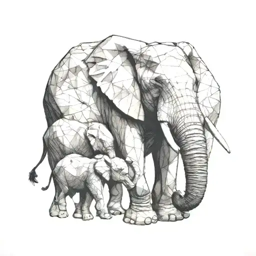 Elephant And Two Kids With Geometric