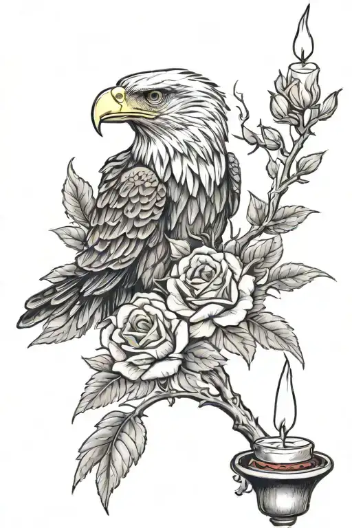 An Eagle Sitting On A Branch With Roses And A Red Poppy Flower With A Candle Burning