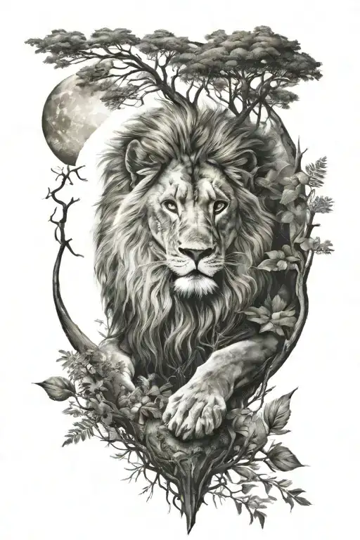 Lion In The Forest With A Moon Surrounded