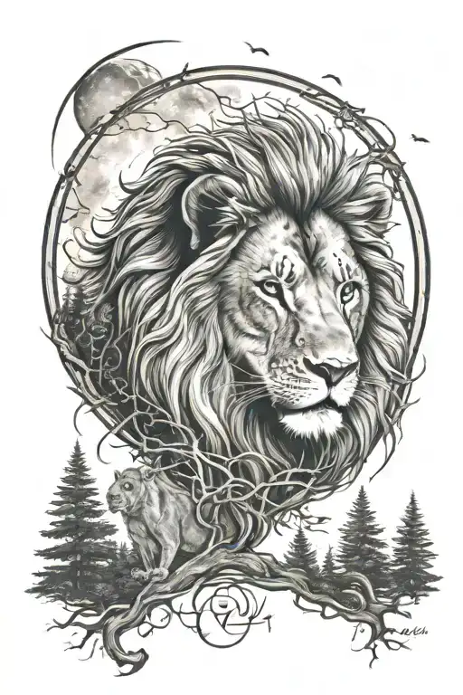 Lion In The Forest With A Moon Surrounded With My Family Name Oost In It