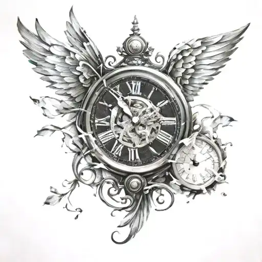A Clock With Broken Glass And Wings On Its Right And Left